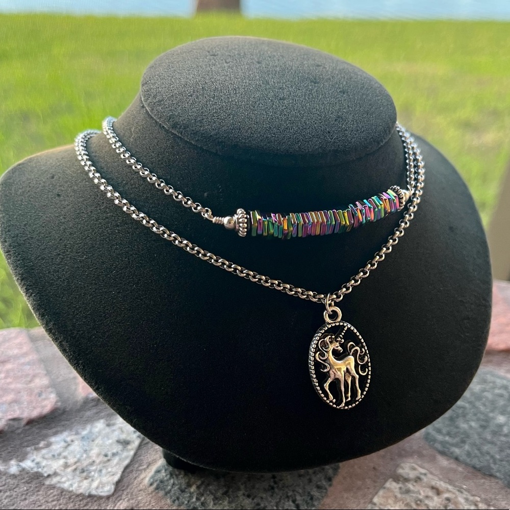 Double layer unicorn rainbow stones stainless steel adjustable choker necklace - Picture 7 of 14